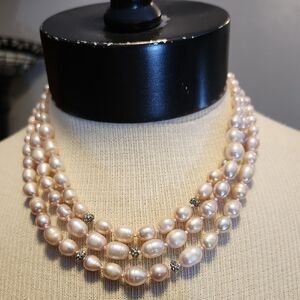 Monet Elegant Pearl Necklace 3 Tiers Pinkish Hued Luxury Castlecore